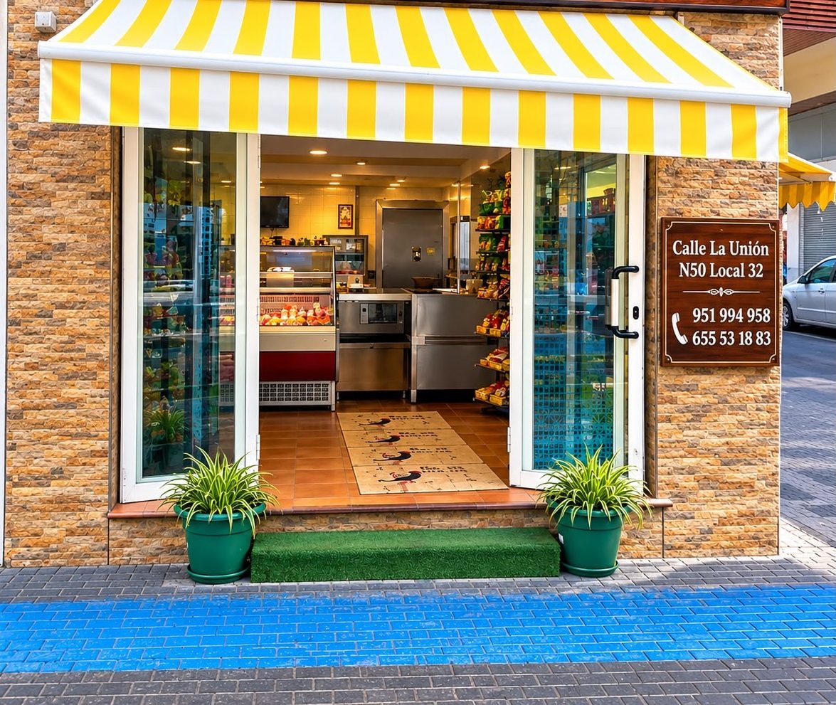 La entrada del Asador de la Unión: el toldo amarillo, el mostrador y el horno al fondo